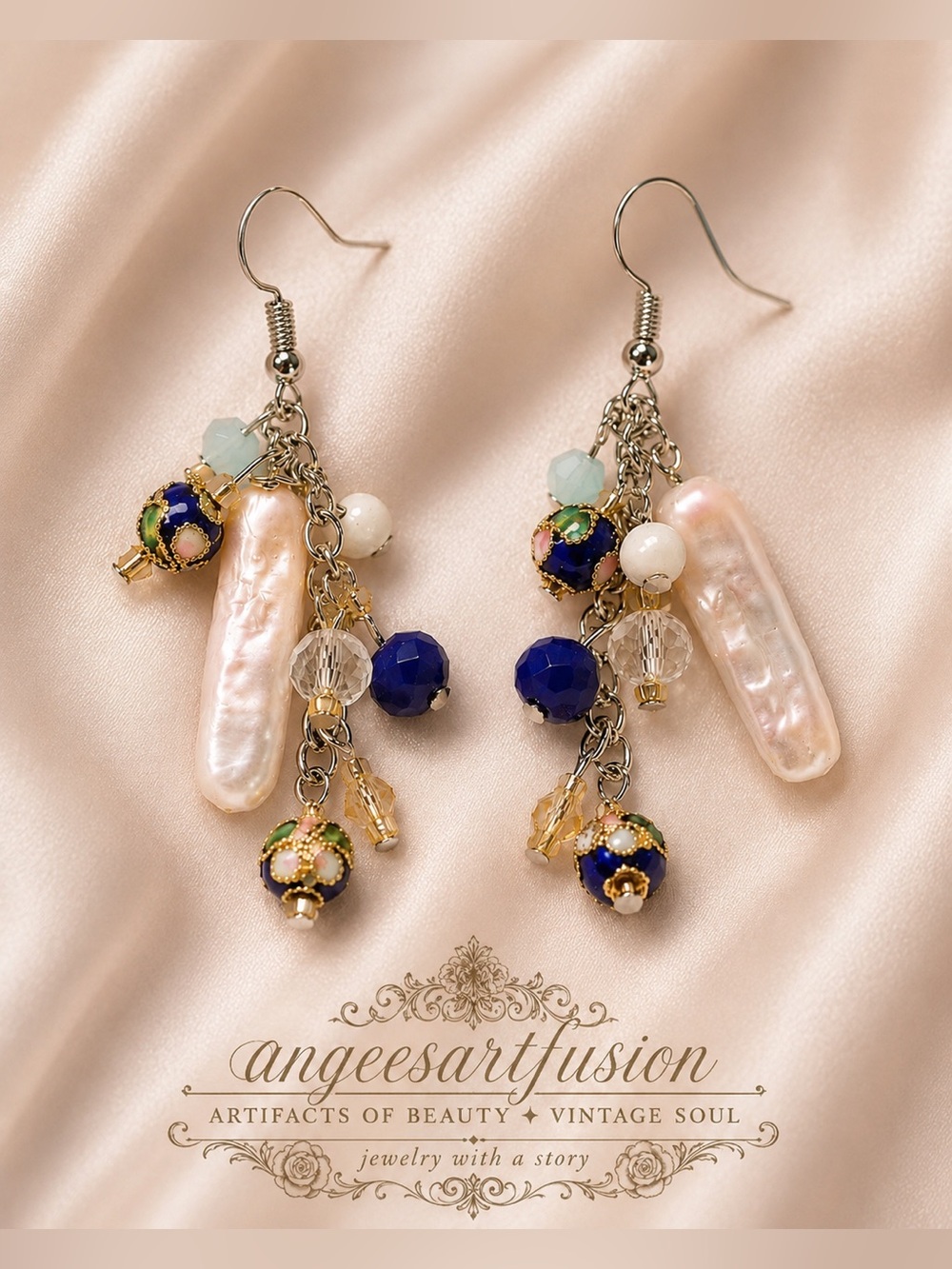 Freshwater Pearl & Cloisonné Dangle Earrings
